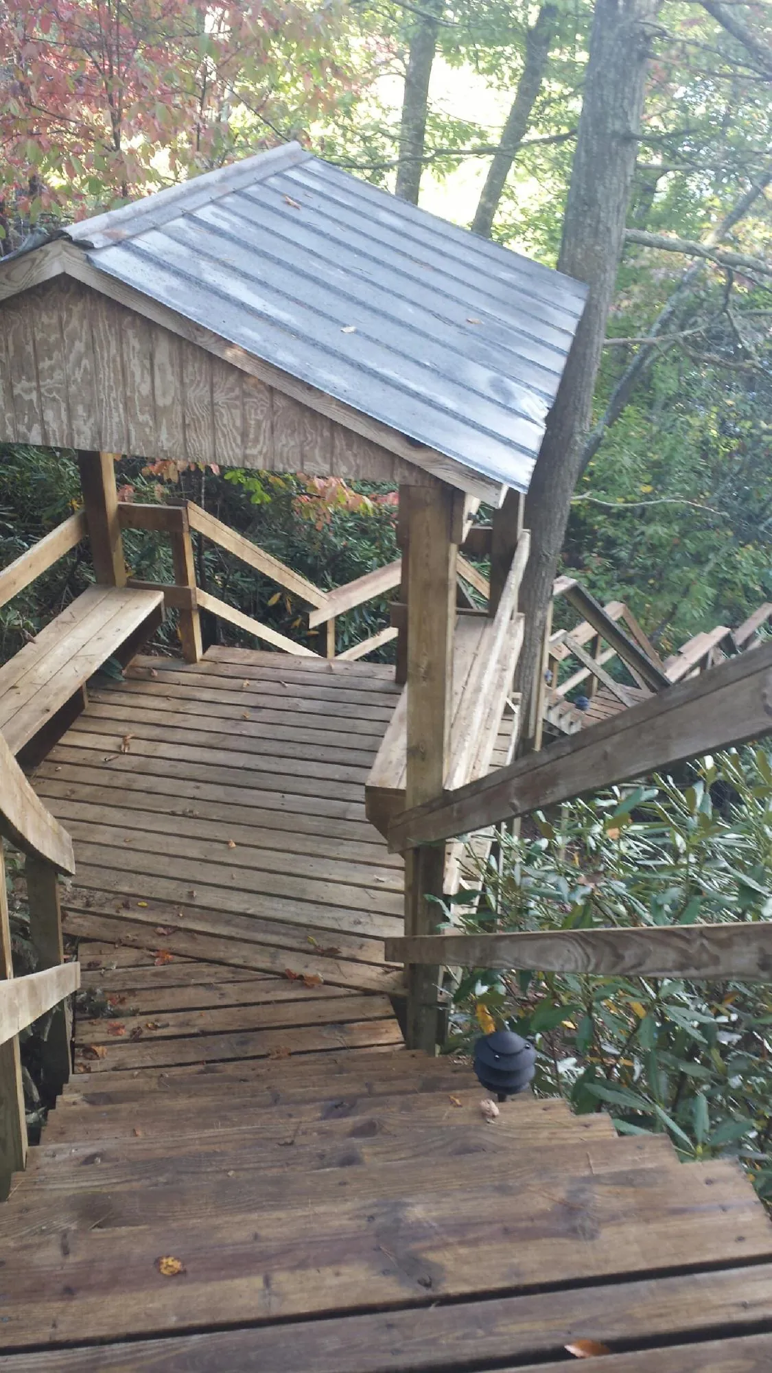 Metal roofed shelter over wooden steps on a wooded walkway — Skylight Repair & Installation work by our crew in Nunica